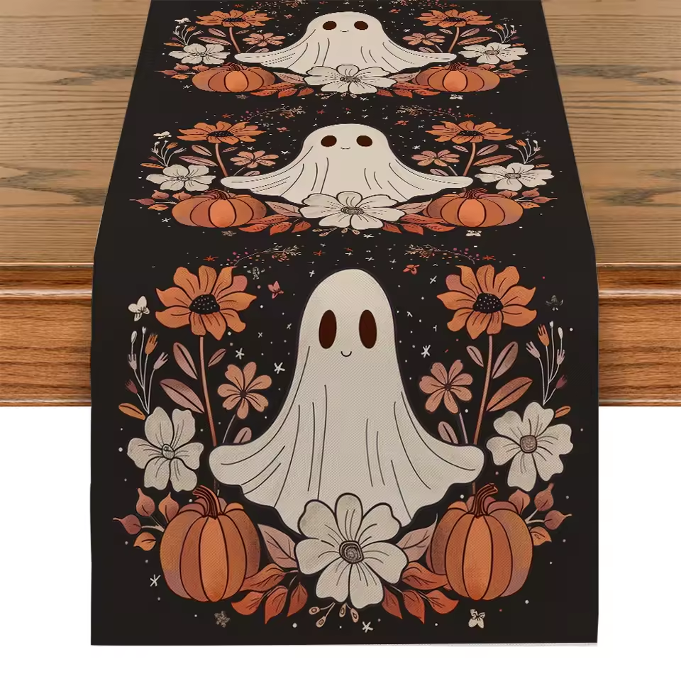 Halloween Cute Ghost Chrysanthemum Table Runners Dresser Table Decor Washable Kitchen Dining Coffee Table Runner Party Decor