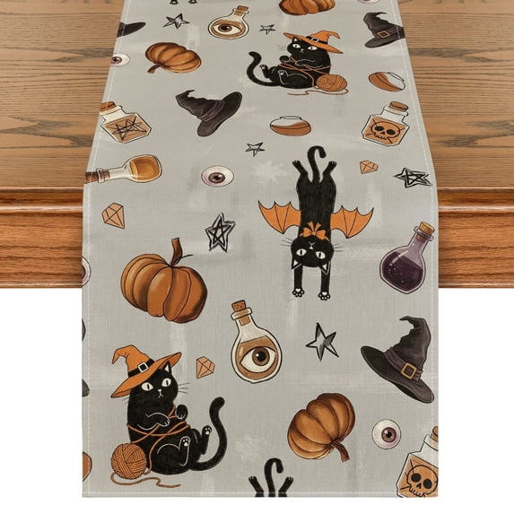 Black Cat Yarn Ball Witch Hat Potion Pumpkin Halloween Table Runner, Seasonal Fall Kitchen Dining Table Decoration for Home Party Decor