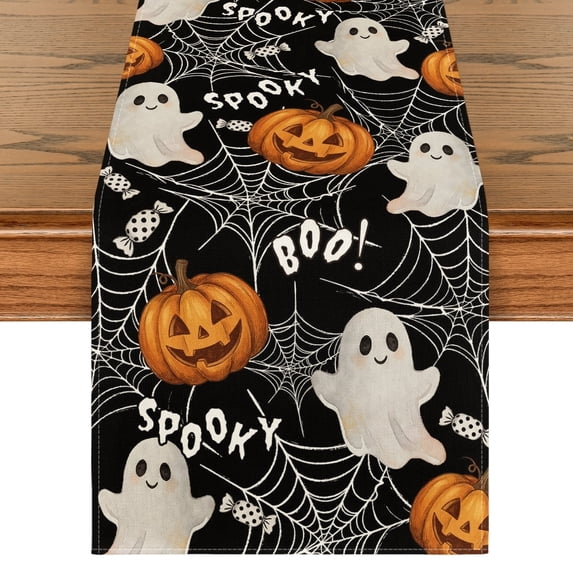 Boo Ghost Pumpkins Spider Halloween Table Runner, Seasonal Fall Kitchen Dining Table Decoration for Home Party Decor