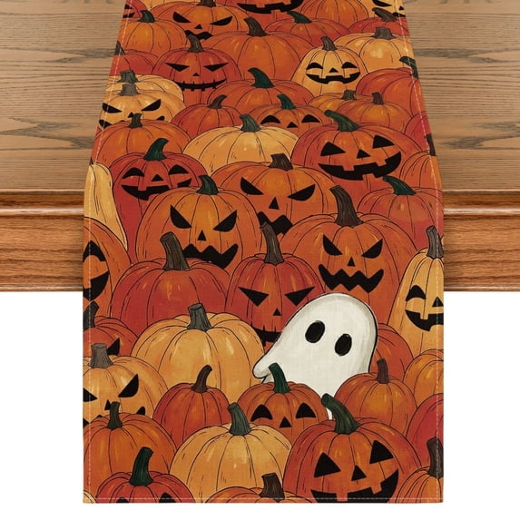 Caramel Pumpkin & Ghost Halloween Table Runner, Halloween Fall Party Kitchen Dining Indoor Outdoor Decorations