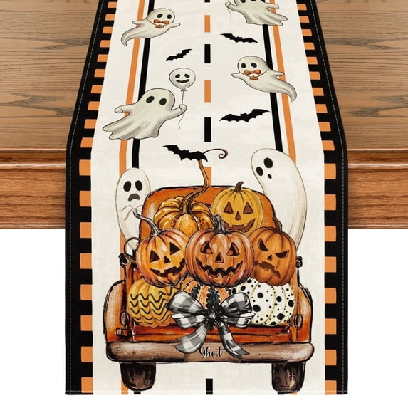 Ghost Truck Pumpkins Halloween Table Runner, Seasonal Fall Kitchen Dining Table Decoration with Bats and Bows for Home Party Decor
