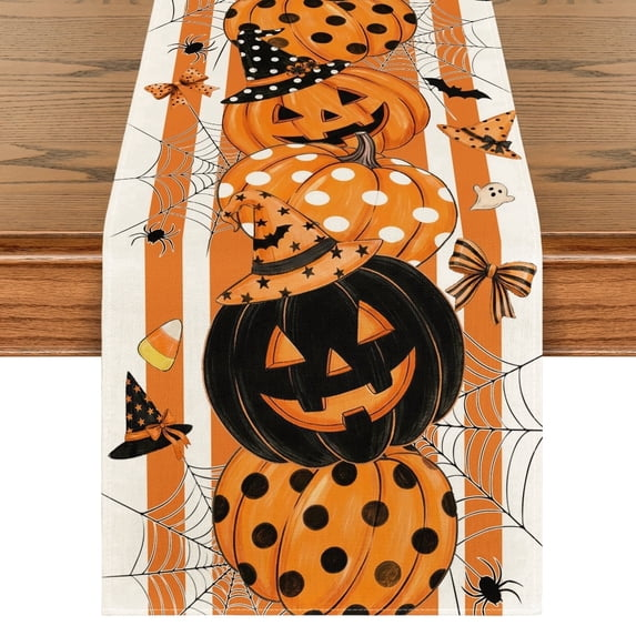 Polka Dot Orange Pumpkin Witch Hat Spider Web Ghost Bat Halloween Table Runner