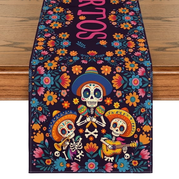 Suger Skull Halloween Table Runner,Watercolor Marigolds Skull Day of The Dead Table Runner，Supplies for kitchen Dining Roon,Halloween Home Party Decor