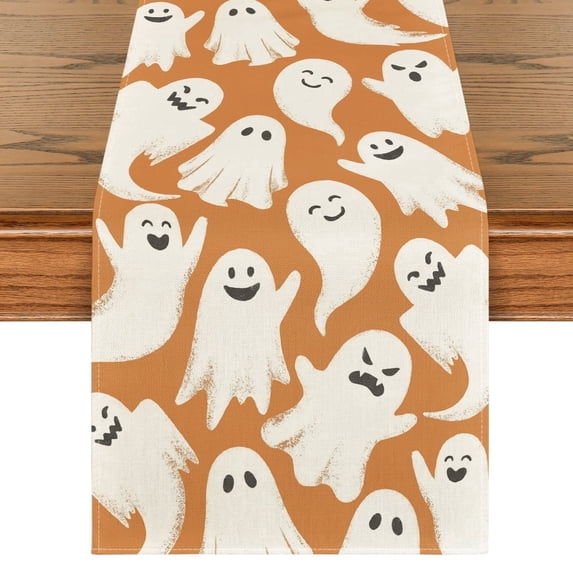 White Ghost Halloween Table Runner, Seasonal Fall Kitchen Dining Table Decoration for Home Party Decor, Orange