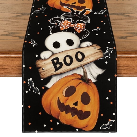 Jack O Lantern Black Cat Boo Ghost Halloween Table Runner