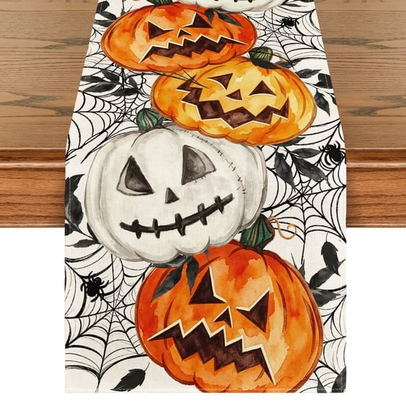 Jack O Lantern Pumpkin Ghost Spider Halloween Table Runner