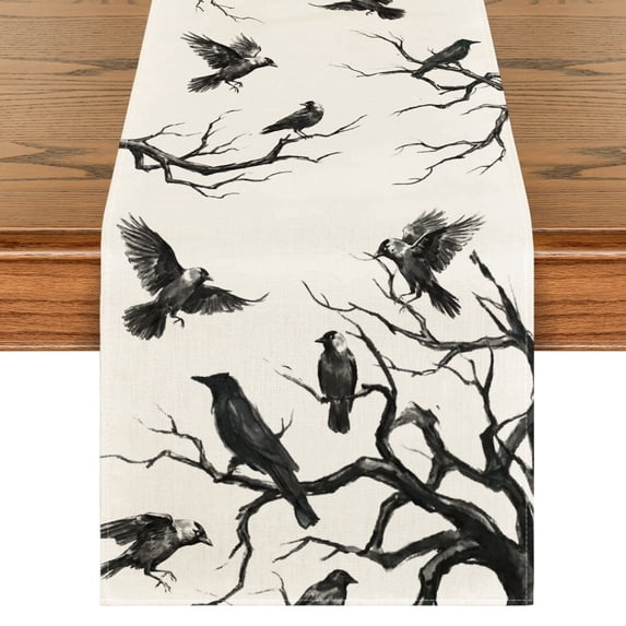 Smile Silhouette Tree Crows Halloween Table Runner