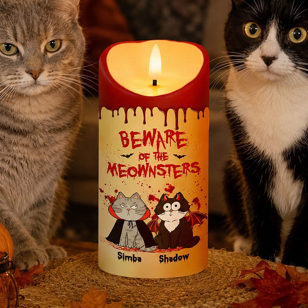 🐱🎃 Cat Mom Happy Meowloween Blood Drip Personalized LED Candle 🩸🕯️