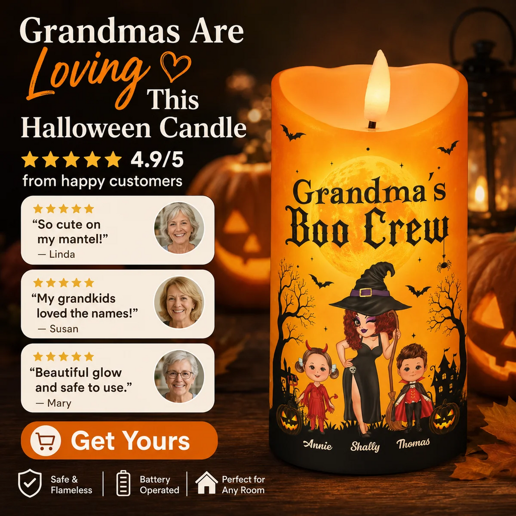 🧙‍♀️ Grandma's Boo Crew Personalized LED Candle – Pretty Witch & Kids Halloween Decor, Custom Grandma Gift 🎃👻