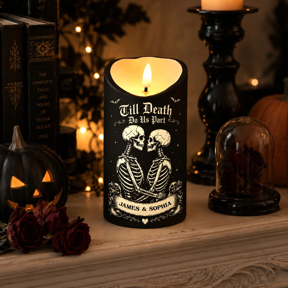 💀 Till Death Do Us Part Personalized LED Candle – Skeleton Couple Halloween Decor, Gothic Couple Gift 🖤🎃