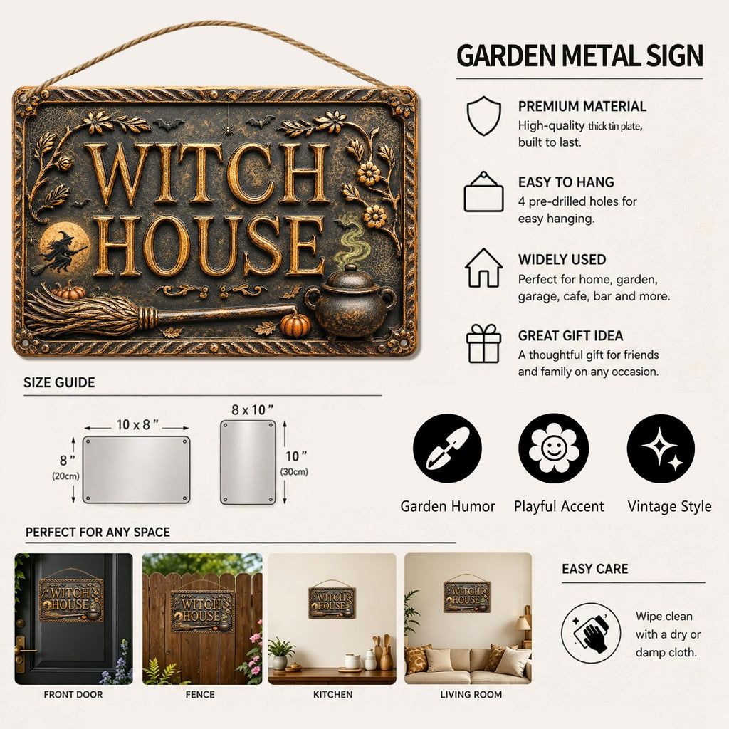Witch House Halloween Metal Sign, Spooky Witchy Wall Decor, Gothic Cottage Halloween Sign, Rustic Fall Home Decoration