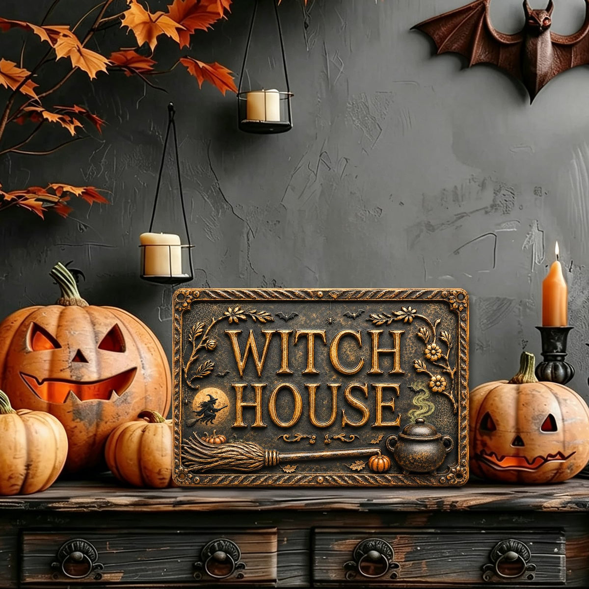 Witch House Halloween Metal Sign, Spooky Witchy Wall Decor, Gothic Cottage Halloween Sign, Rustic Fall Home Decoration