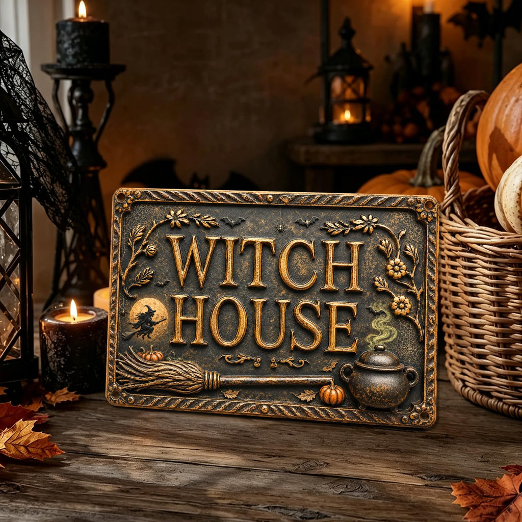 Witch House Halloween Metal Sign, Spooky Witchy Wall Decor, Gothic Cottage Halloween Sign, Rustic Fall Home Decoration