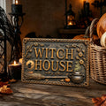Witch House Halloween Metal Sign, Spooky Witchy Wall Decor, Gothic Cottage Halloween Sign, Rustic Fall Home Decoration