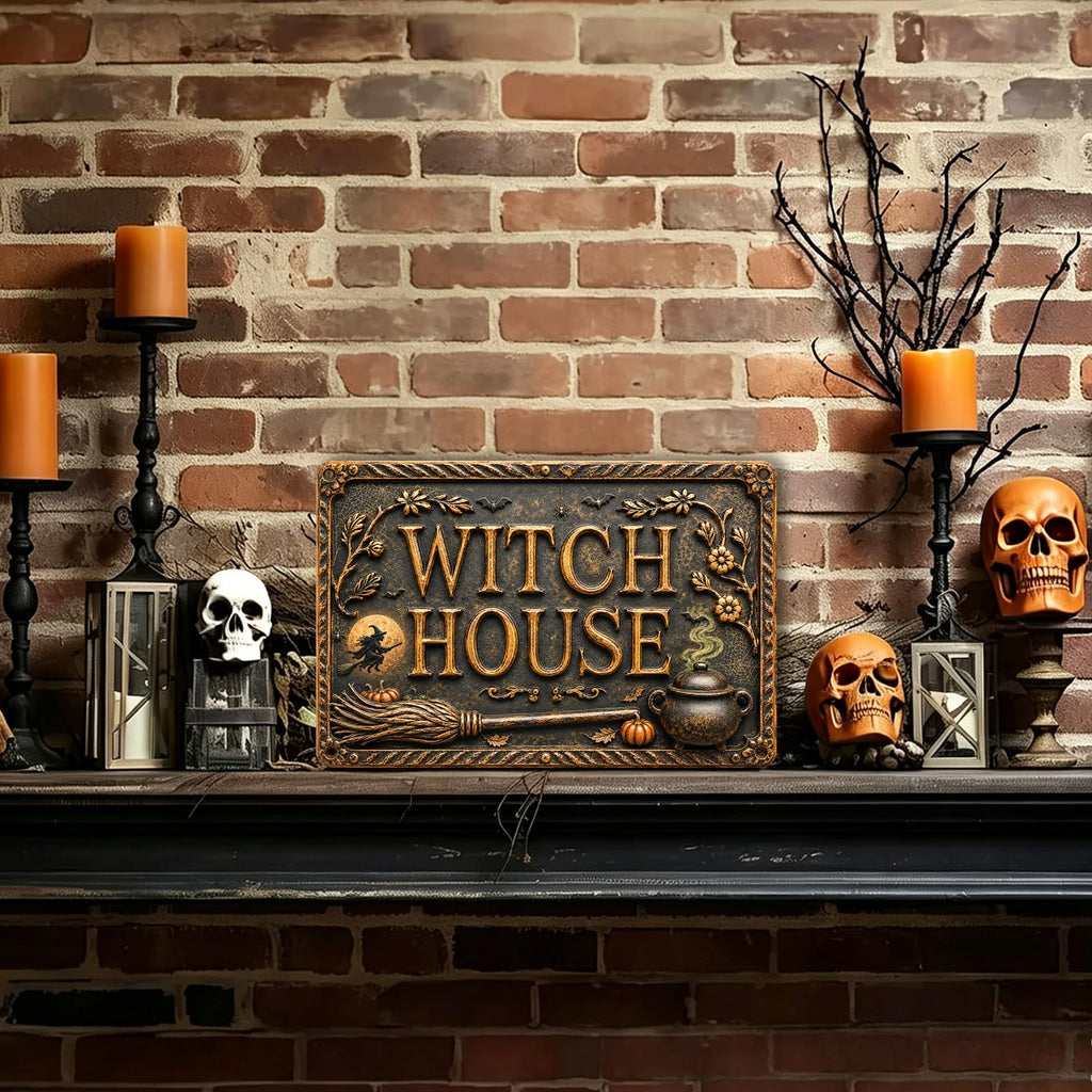 Witch House Halloween Metal Sign, Spooky Witchy Wall Decor, Gothic Cottage Halloween Sign, Rustic Fall Home Decoration