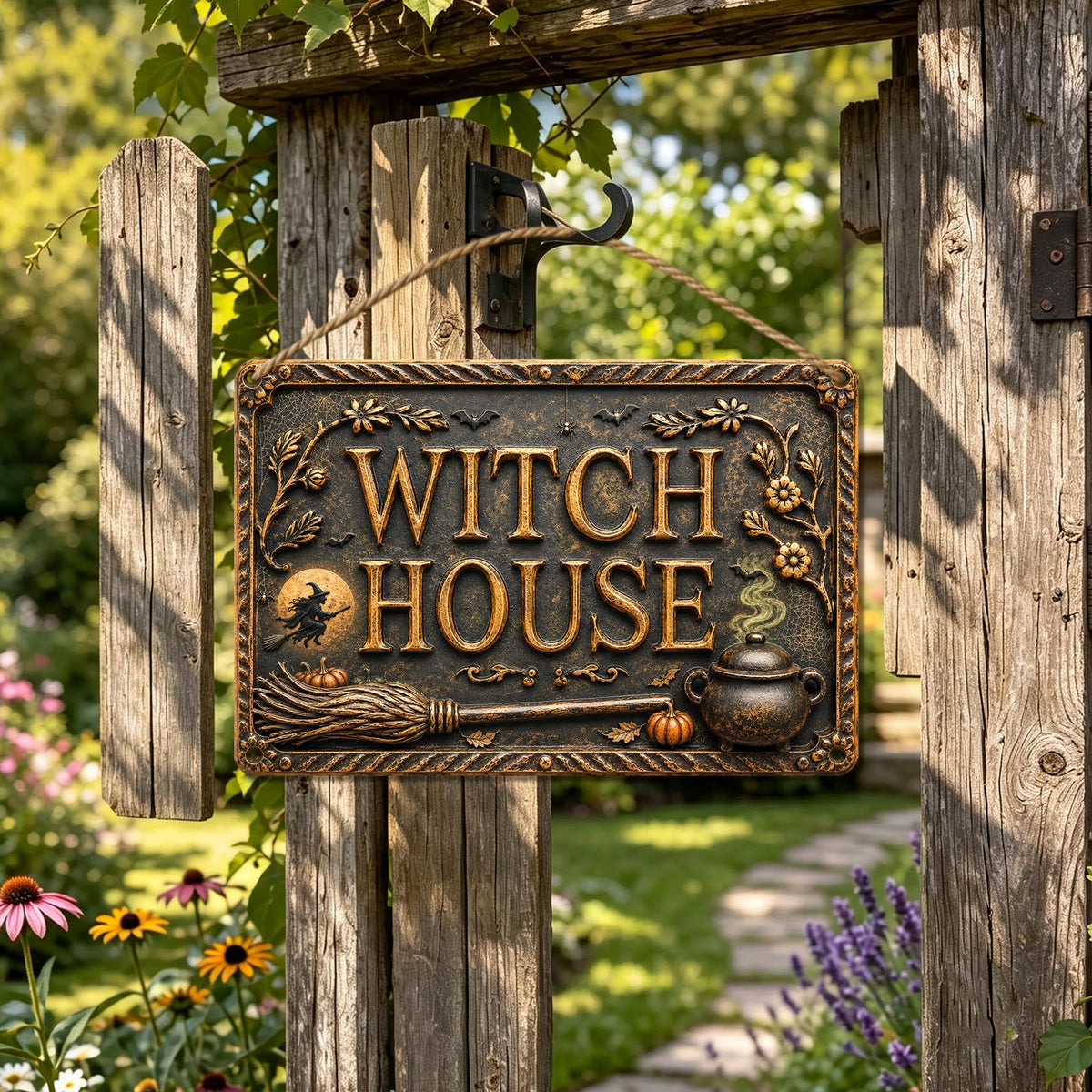Witch House Halloween Metal Sign, Spooky Witchy Wall Decor, Gothic Cottage Halloween Sign, Rustic Fall Home Decoration