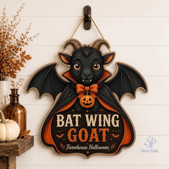 Wooden Sign Bat Wing Goat Halloween Door Hanger for Front Door Farmhouse Entryway