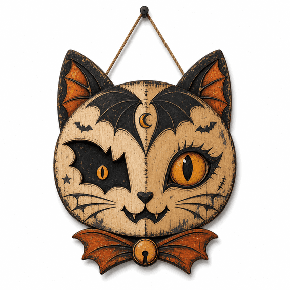 Wooden Sign Hanger Bat Wing Cat Wooden Front Door Decor for Halloween Gothic Home