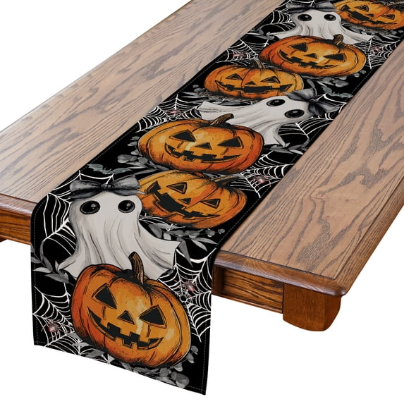 Halloween Table Runner, Ghosts Pumpkins Cobwebs Tableware Home Indoor Decor