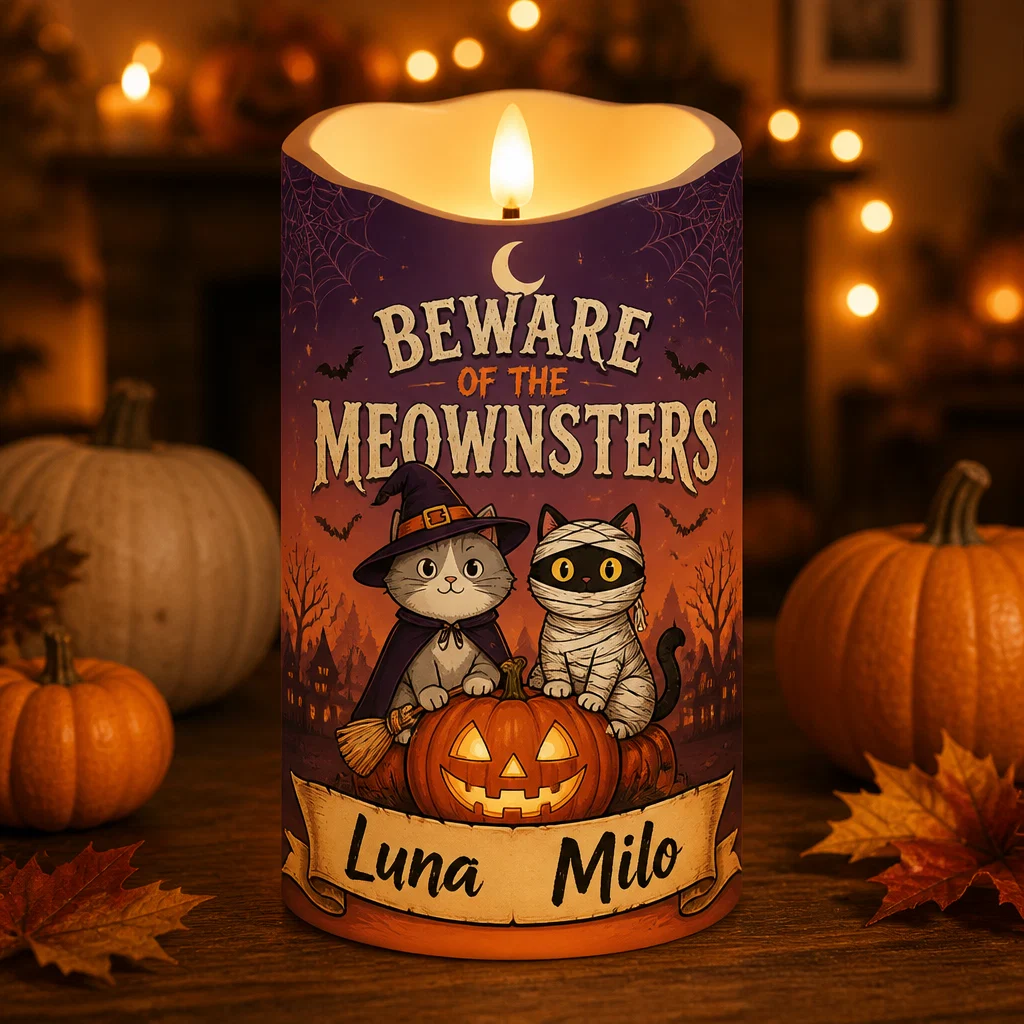 Beware of the Meownsters Personalized Cat Names LED Flameless Candle - Personalized Custom Led Flameless Candle