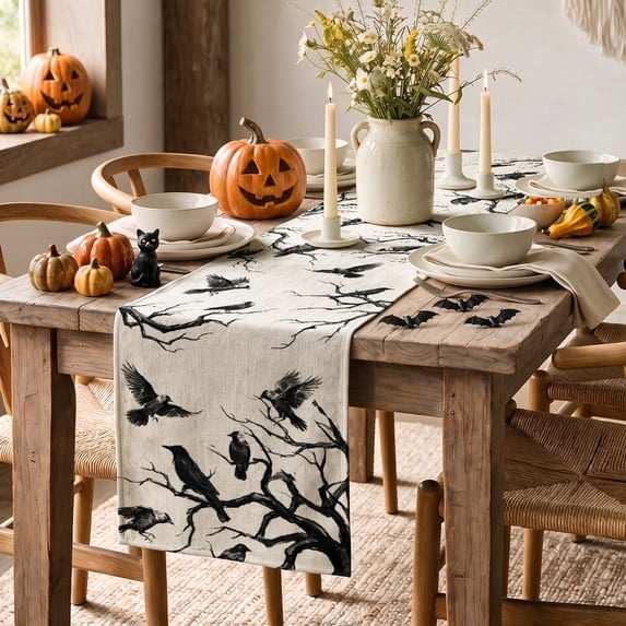 Smile Silhouette Tree Crows Halloween Table Runner
