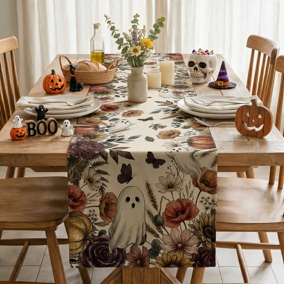 Jack-O'-Lantern Ghost Floral Halloween Table Runner, Halloween Party Kitchen Dining Indoor Outdoor Decorations