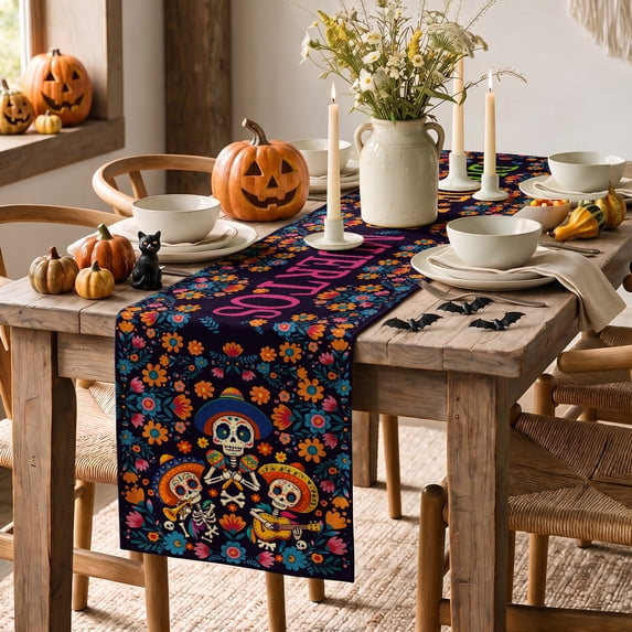 Suger Skull Halloween Table Runner,Watercolor Marigolds Skull Day of The Dead Table Runner，Supplies for kitchen Dining Roon,Halloween Home Party Decor