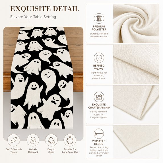 White Ghost Halloween Table Runner, Seasonal Fall Kitchen Dining Table Decoration for Home Party Decor, Black