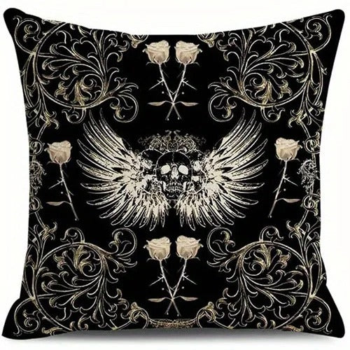 Gothic Raven Skull Pillow Cover, Dark Halloween Throw Cushion Case, Spooky Blood Splatter Design, Gothic Home Decor for Sofa, Bedroom & Car