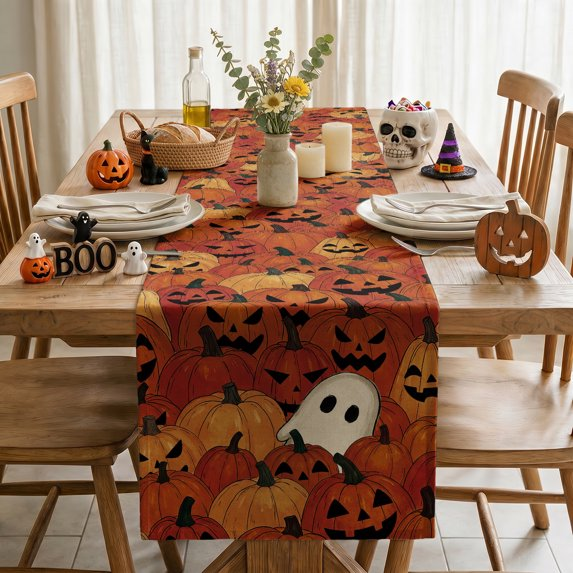 Caramel Pumpkin & Ghost Halloween Table Runner, Halloween Fall Party Kitchen Dining Indoor Outdoor Decorations
