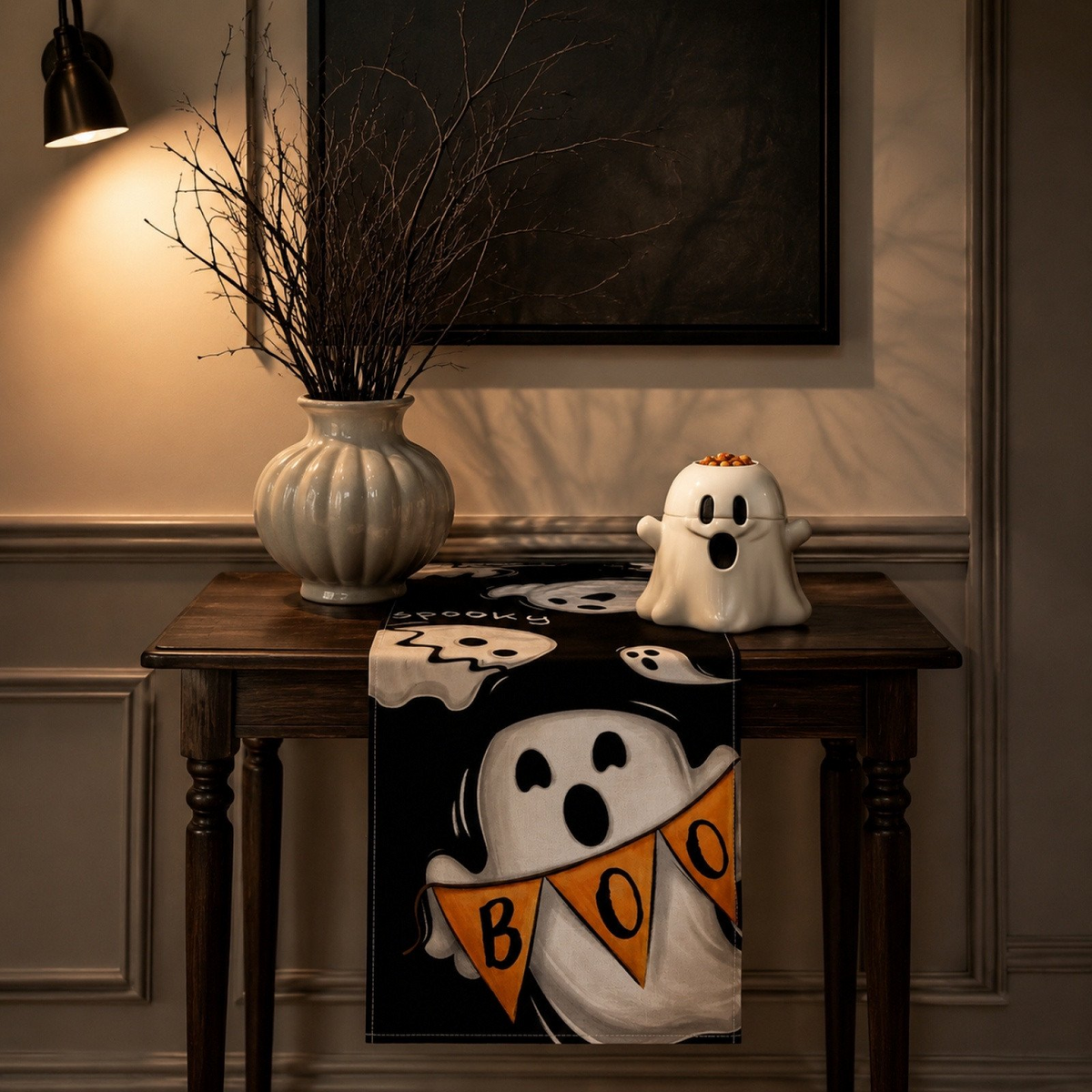 Halloween Table Runner, Spooky Pumpkin Ghost Print Linen Dining Table Decor for Kitchen Party & Fall Holiday Home Decoration