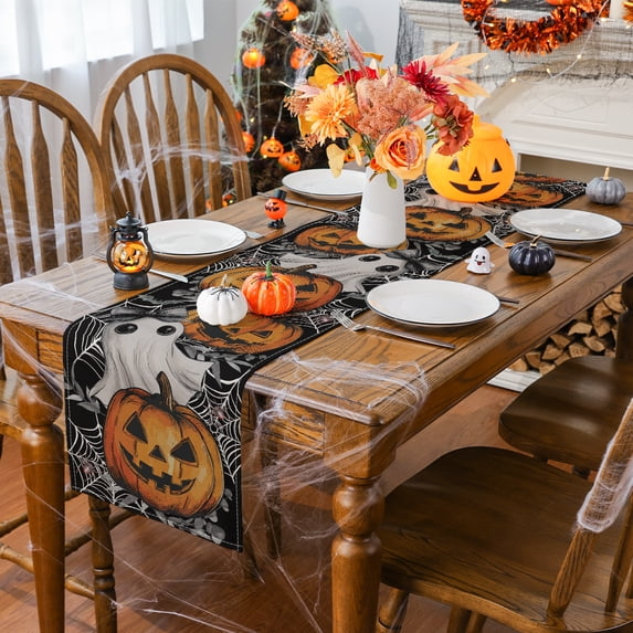 Halloween Table Runner, Ghosts Pumpkins Cobwebs Tableware Home Indoor Decor