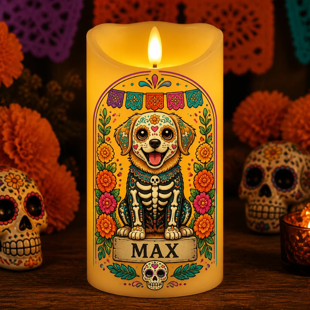 🎃Custom Día de los Muertos Pet Portrait LED Candle, Personalized Pet Flameless Candle, Day of the Dead Decor Gift for Dog & Cat Lovers