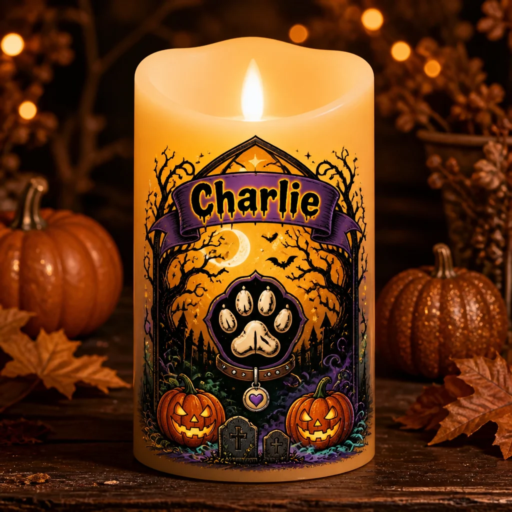 Spooky Pet Name Halloween LED Flameless Candle, Personalized Custom Pet Candle, Halloween Decor Gift for Dog & Cat Lovers
