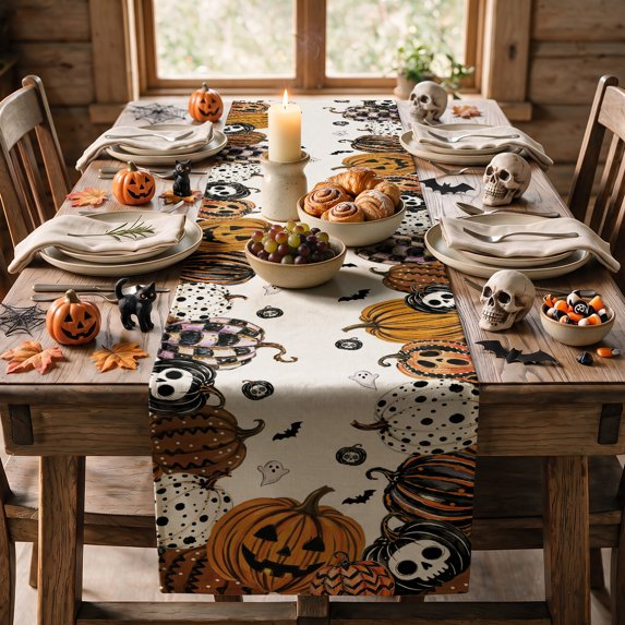 Mexican Skull Pumpkins Ghost Halloween Table Runner, Day of the Dead Kitchen Dining Table Decoration for Home Party Decor