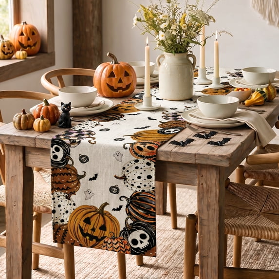 Mexican Skull Pumpkins Ghost Halloween Table Runner, Day of the Dead Kitchen Dining Table Decoration for Home Party Decor