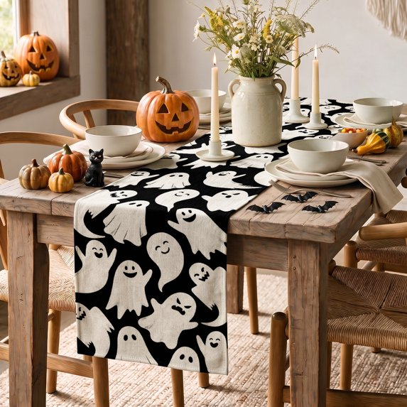 White Ghost Halloween Table Runner, Seasonal Fall Kitchen Dining Table Decoration for Home Party Decor, Black