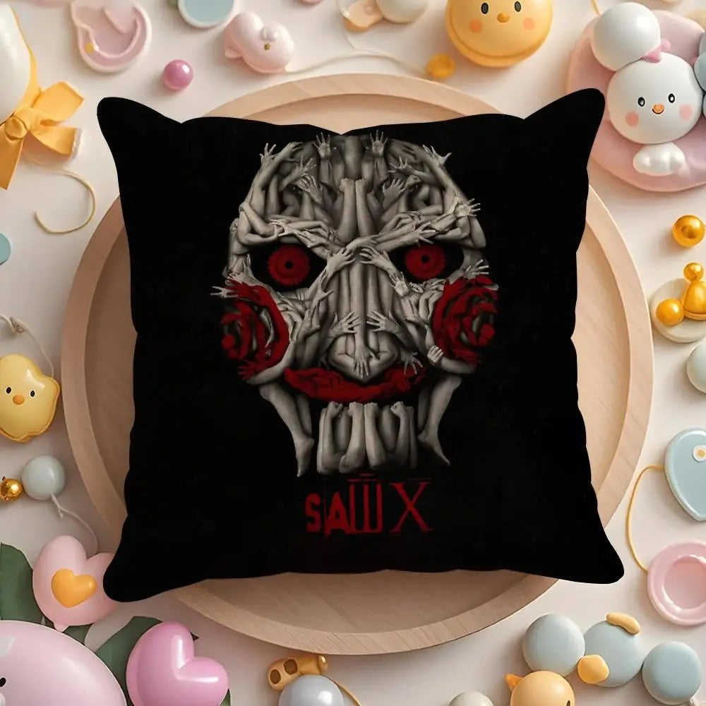 Horror Movie Plush Cushion Cover, S-Saw X Double-Sided Printed Throw Pillow Case, Soft Short Plush Winter Home Decor, Machine Washable Pillow Cover