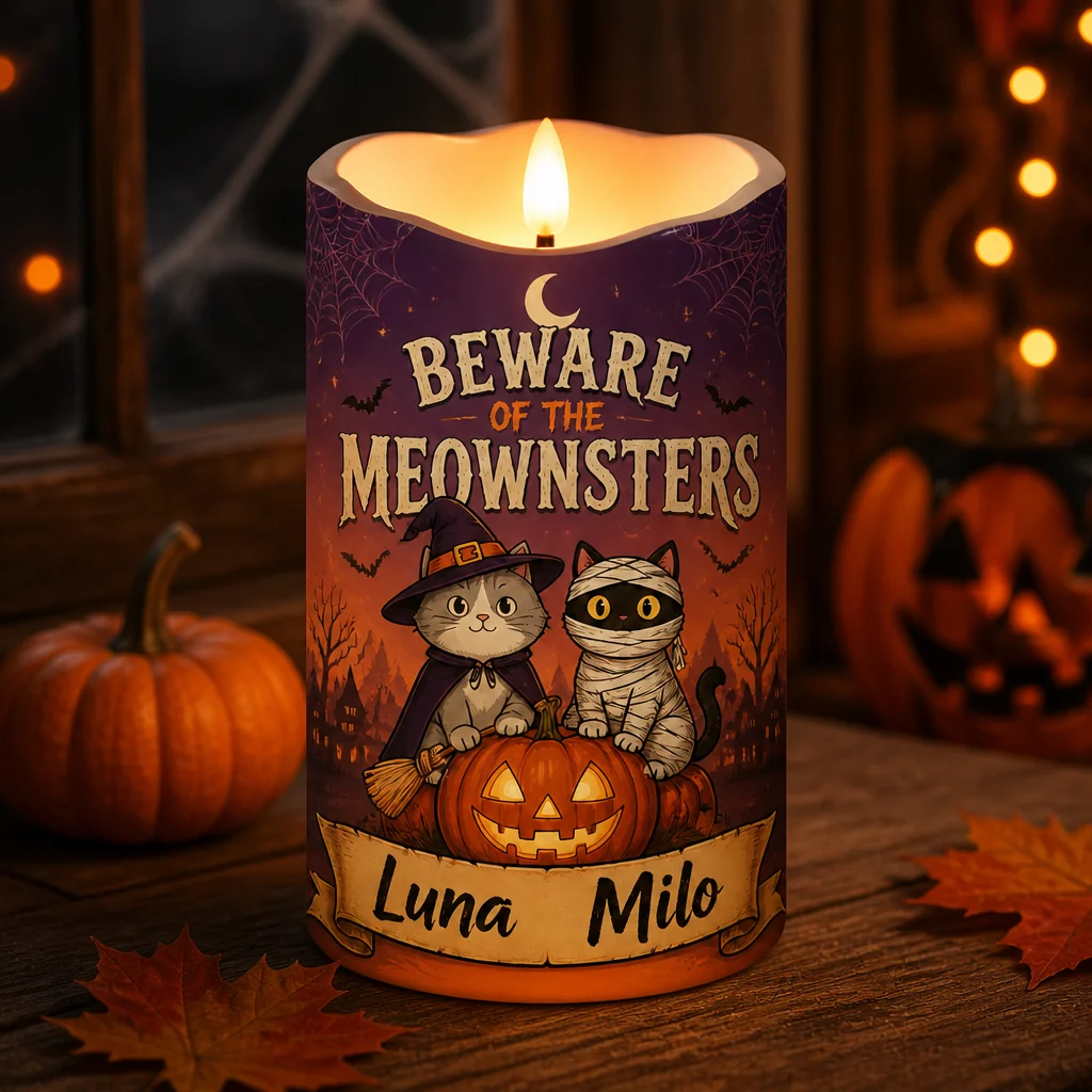 Beware of the Meownsters Personalized Cat Names LED Flameless Candle - Personalized Custom Led Flameless Candle