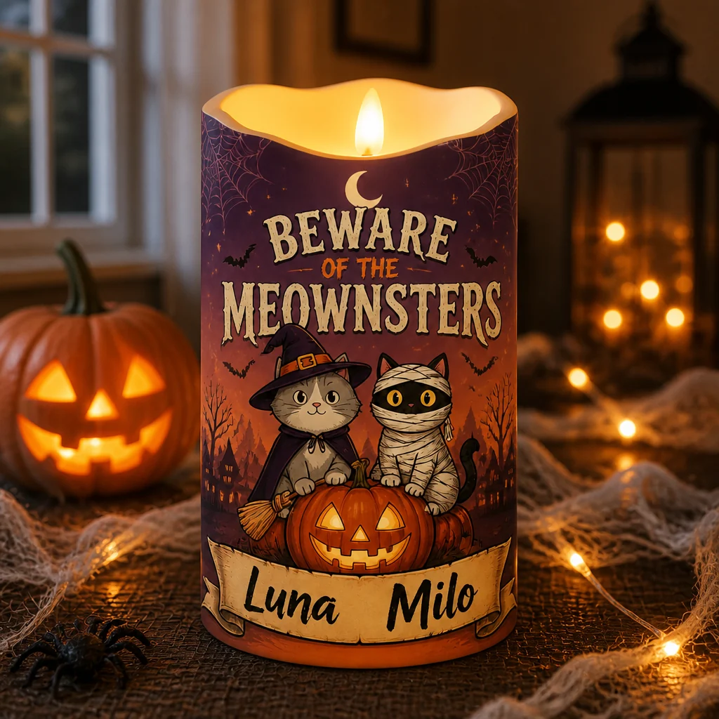 Beware of the Meownsters Personalized Cat Names LED Flameless Candle - Personalized Custom Led Flameless Candle