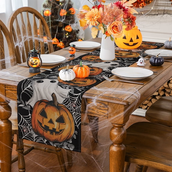 Halloween Table Runner, Ghosts Pumpkins Cobwebs Tableware Home Indoor Decor