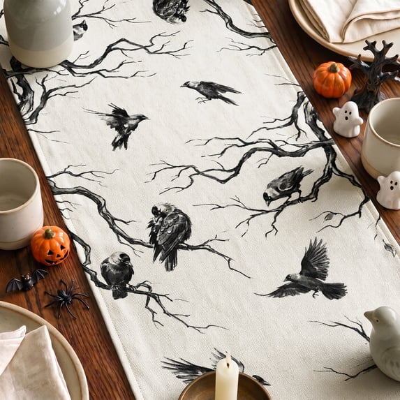 Smile Silhouette Tree Crows Halloween Table Runner