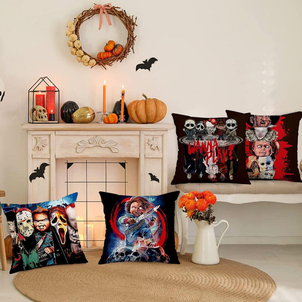 Halloween Horror Movie Pillow Cover, Funny Spooky Character Cushion Case, Holiday Home Decor, Sofa Couch Bed & Living Room Decoration, Halloween Gift