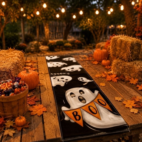 Halloween Table Runner, Spooky Pumpkin Ghost Print Linen Dining Table Decor for Kitchen Party & Fall Holiday Home Decoration