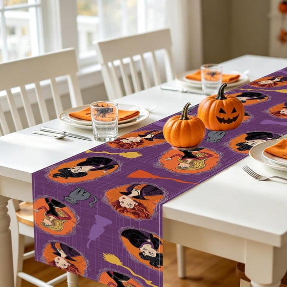 Halloween Witches Black Cat Dining Table Runner, Funny Hocus Pocus Kitty Broom Burlap Kitchen Decoration, Indoor Outdoor Home Decor Party Supply