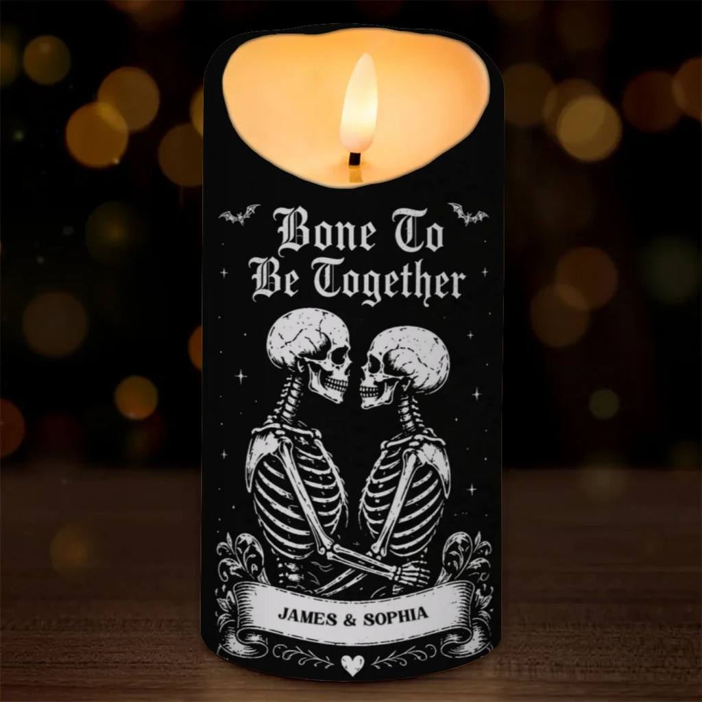 💀 Till Death Do Us Part Personalized LED Candle – Skeleton Couple Halloween Decor, Gothic Couple Gift 🖤🎃