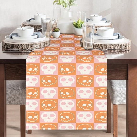 Halloween Linen Table Runner, Pink Orange Checkerboard Skull Print Table Runner, Cute Gothic Halloween Decor Table Runner for Dining Kitchen Party
