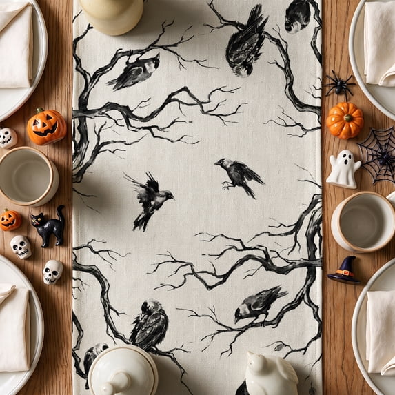 Smile Silhouette Tree Crows Halloween Table Runner