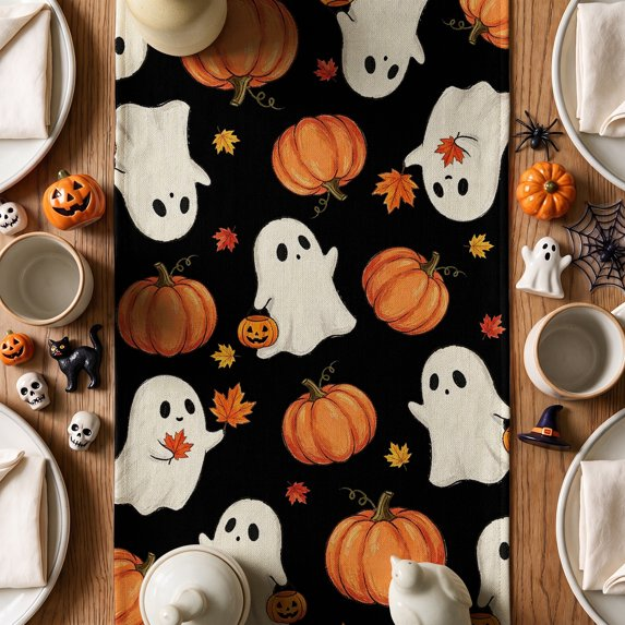 Ghost Pumpkins Maple Leaves Halloween Table Runner, Halloween Fall Party Kitchen Dining Indoor Outdoor Decorations