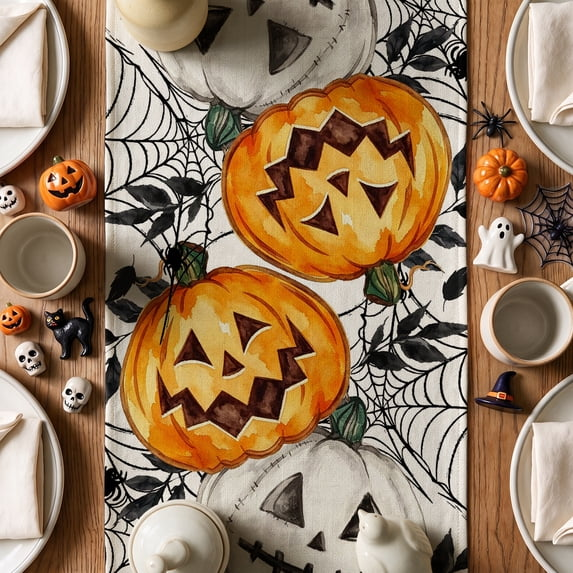 Jack O Lantern Pumpkin Ghost Spider Halloween Table Runner